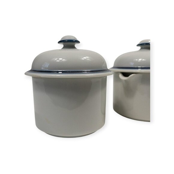 Dansk Bistro Blue Rim Ceramic Sugar & Creamer Set With Lids - Picture 3 of 11
